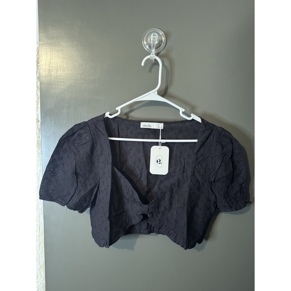 Elodie by Anthropologie Cropped Eyelet Blouse – Black – Puff Sleeves – Sz‎ LARGE